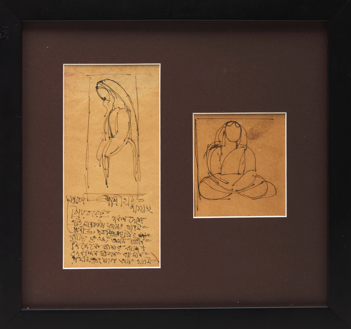 Jamini Roy, Two Sketches of Figures with Text, two inks on paper, 1962