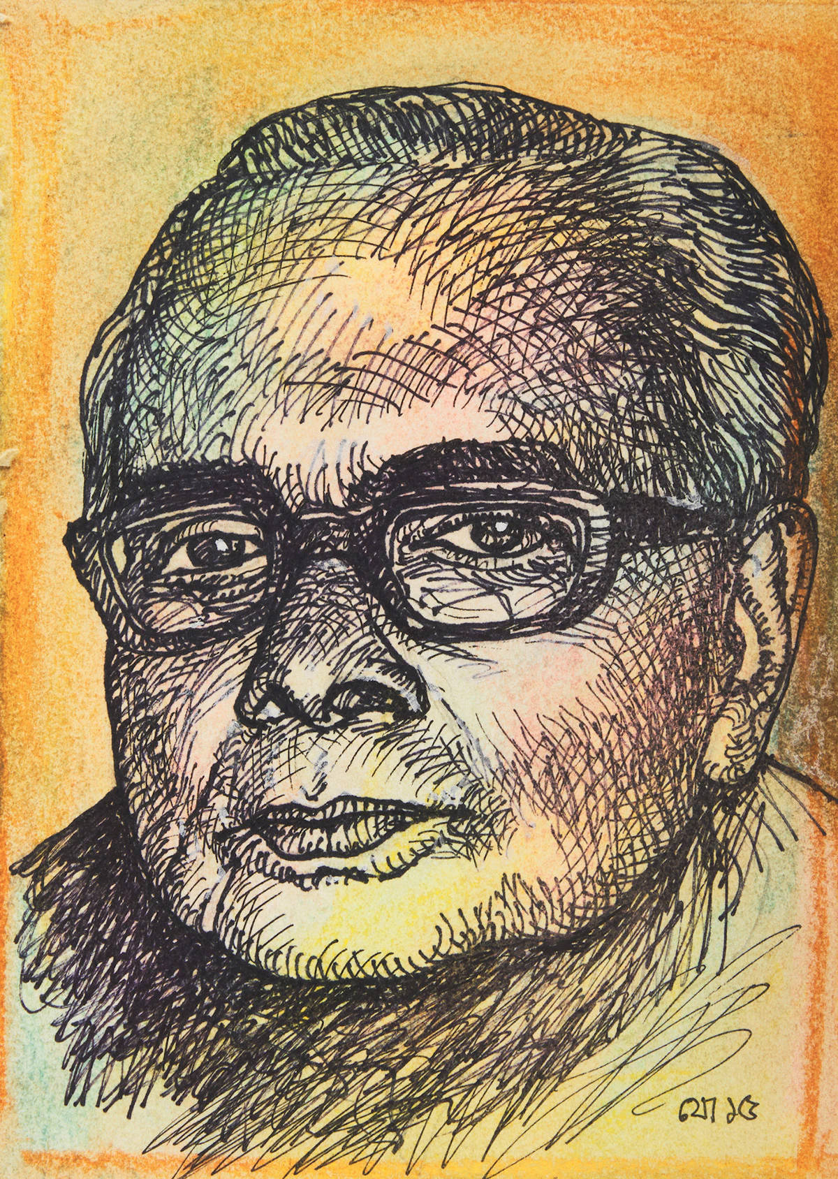 Jogen Chowdhury, Portrait of Debabrata Biswas, ink on paper