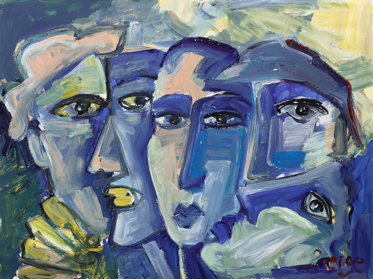 Serge Deherian, Five Faces and Vase of Flowers, two oils on paper