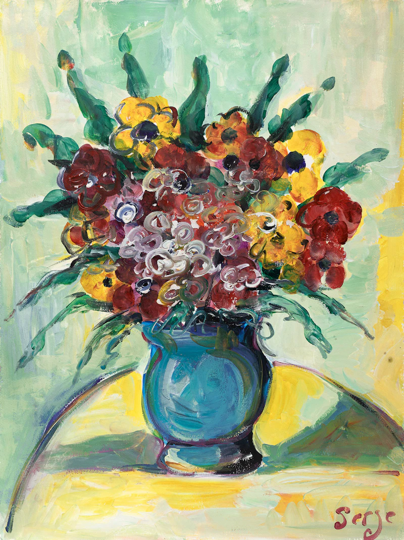 Serge Deherian, Five Faces and Vase of Flowers, two oils on paper - view 3