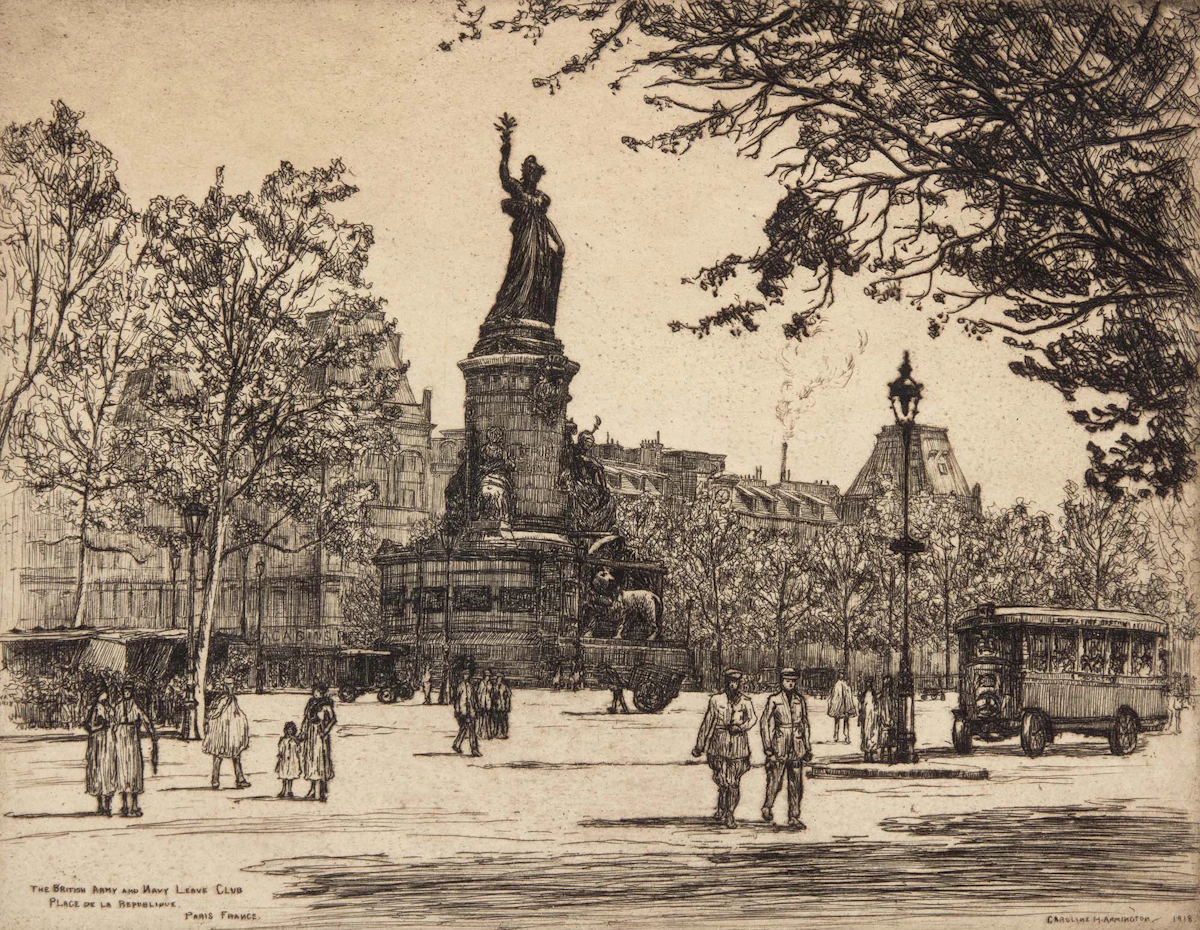 Caroline Helena Armington, The British Army and Navy Leave Club Place de La République, Paris, France, etching, 1918