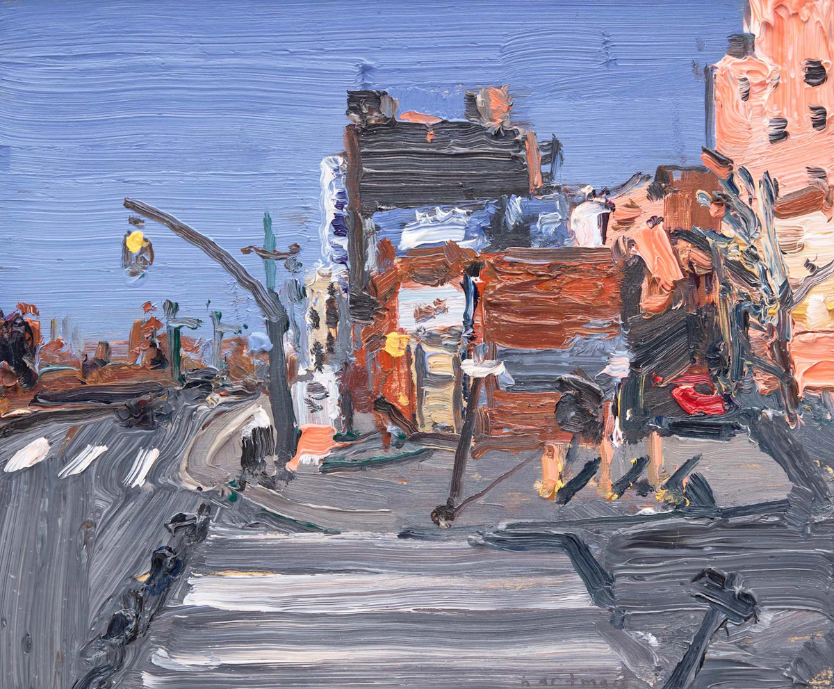 John Hartman, Christopher Street., NYC; View Up 10th Avenue from the High Line; Tribeca, three oils on panel, 2010