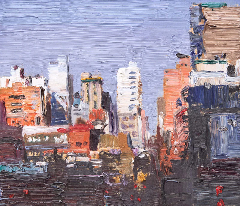 John Hartman, Christopher Street., NYC; View Up 10th Avenue from the High Line; Tribeca, three oils on panel, 2010 - view 4