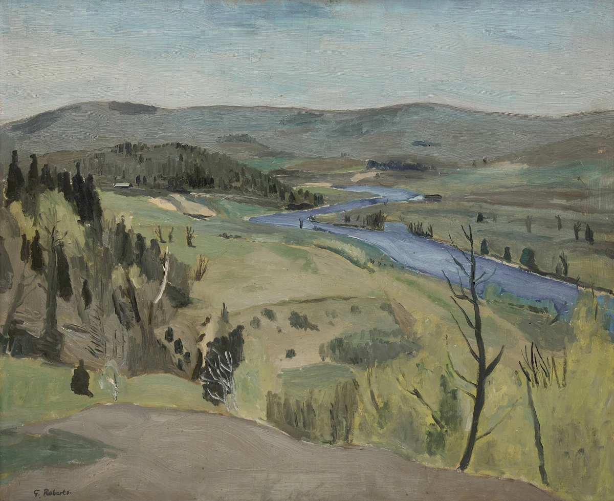 William Goodridge Roberts, Green Hills and River, double-sided oil on board
