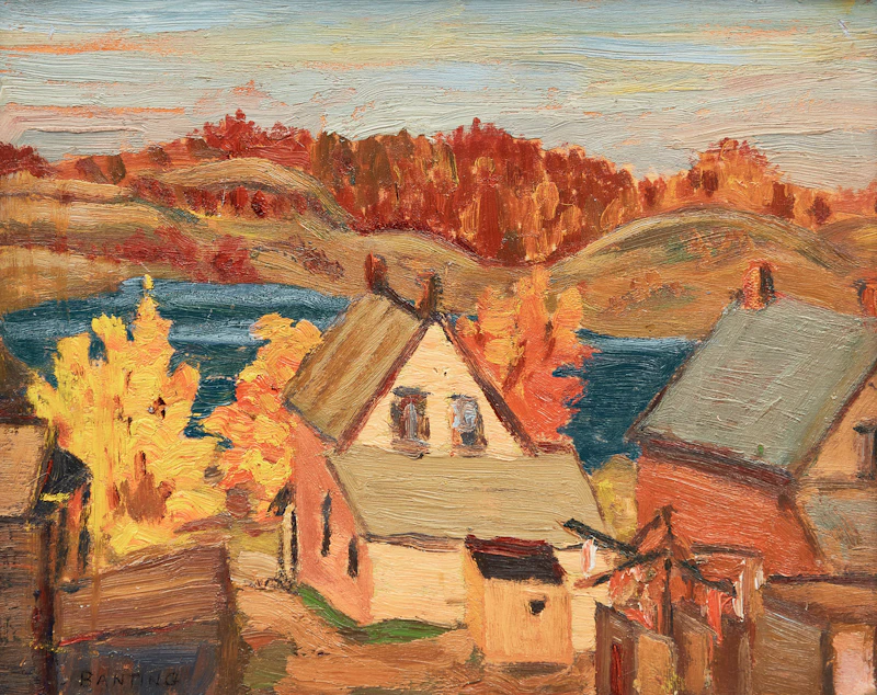 Frederick Grant Banting, Houses on a Lake, double-sided oil on board