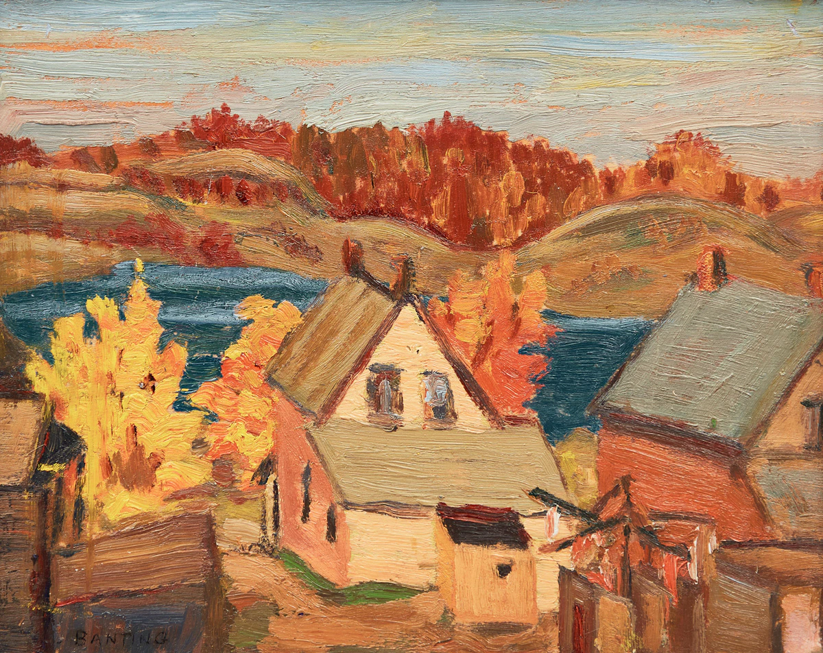 Frederick Grant Banting, Houses on a Lake, double-sided oil on board