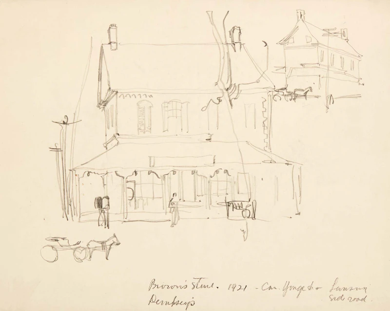Franklin Carmichael, Brown's Store, Dempsey's (Corner of Yonge & Lansing Side Road), 1921, graphite