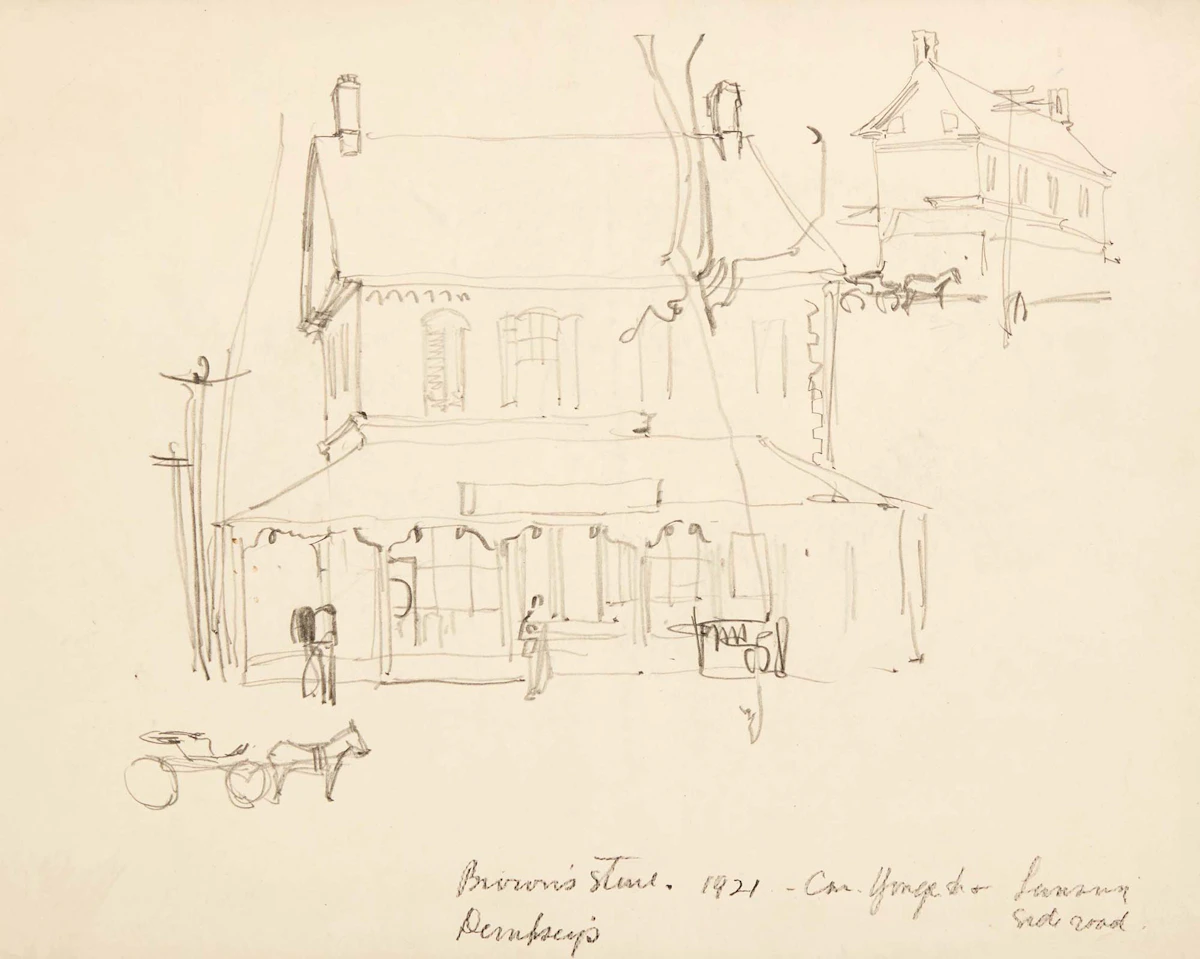 Franklin Carmichael, Brown's Store, Dempsey's (Corner of Yonge & Lansing Side Road), 1921, graphite