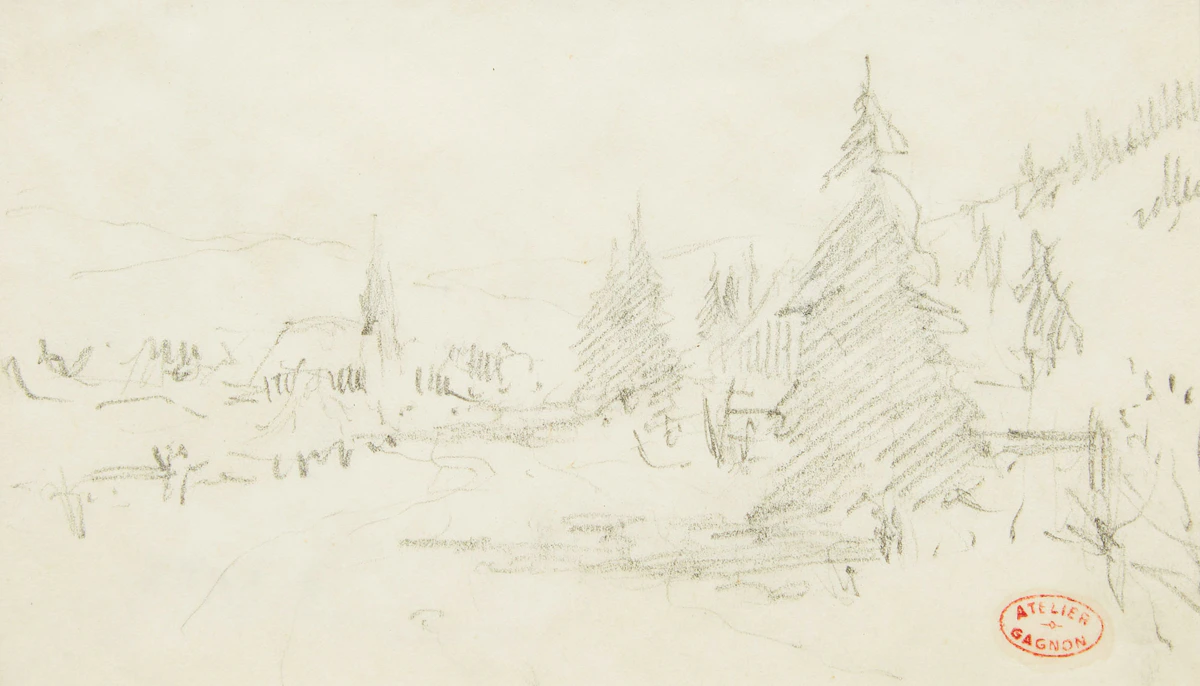 Clarence Alphonse Gagnon, Church in Landscape, graphite