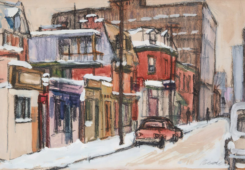 Jack Beder, Street Scene, Winter, mixed media on paper