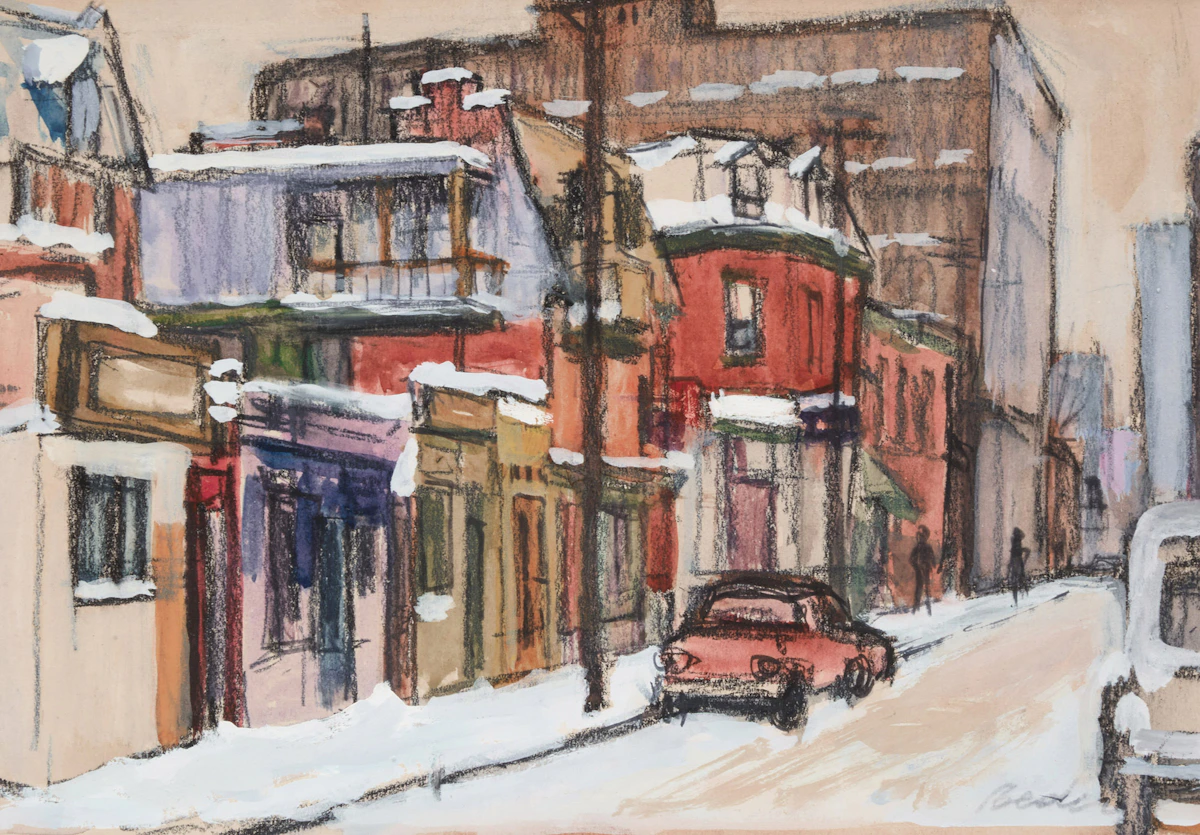 Jack Beder, Street Scene, Winter, mixed media on paper
