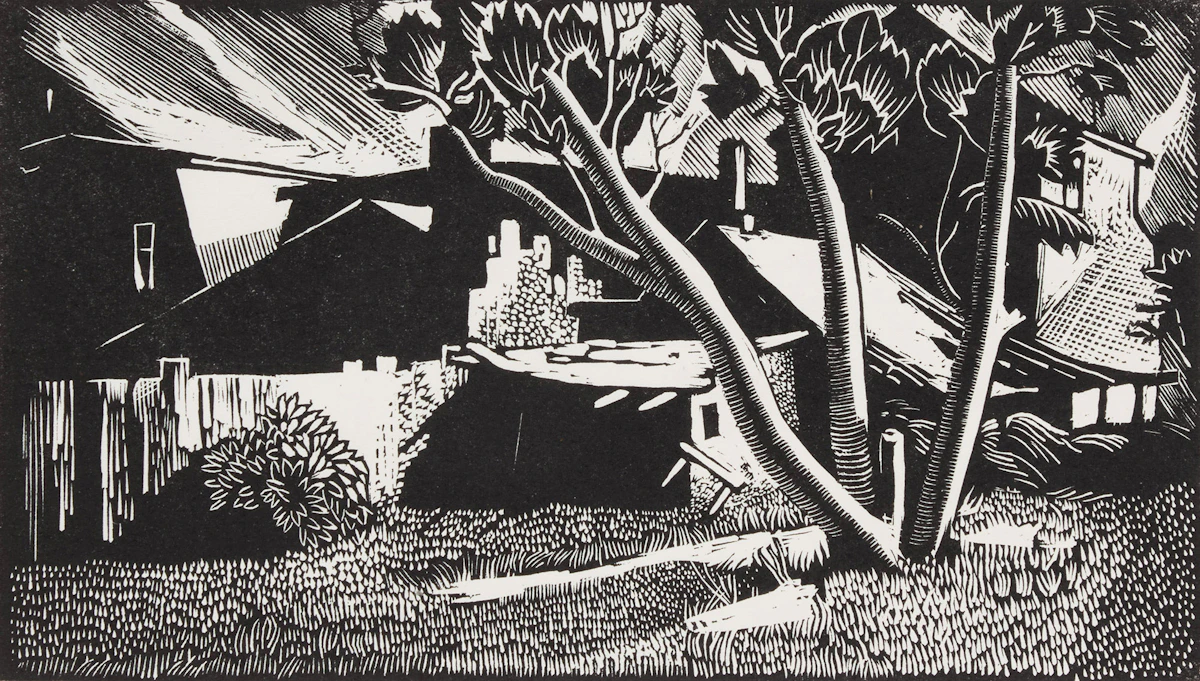 Frederick Alexander Fraser, Backyards of Bathurst St, wood engraving, circa 1940