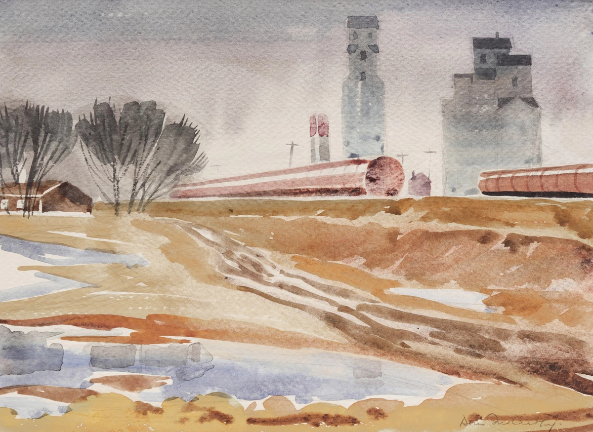 Doris Jean McCarthy, Untitled (Landscape with Grain Elevators), watercolour