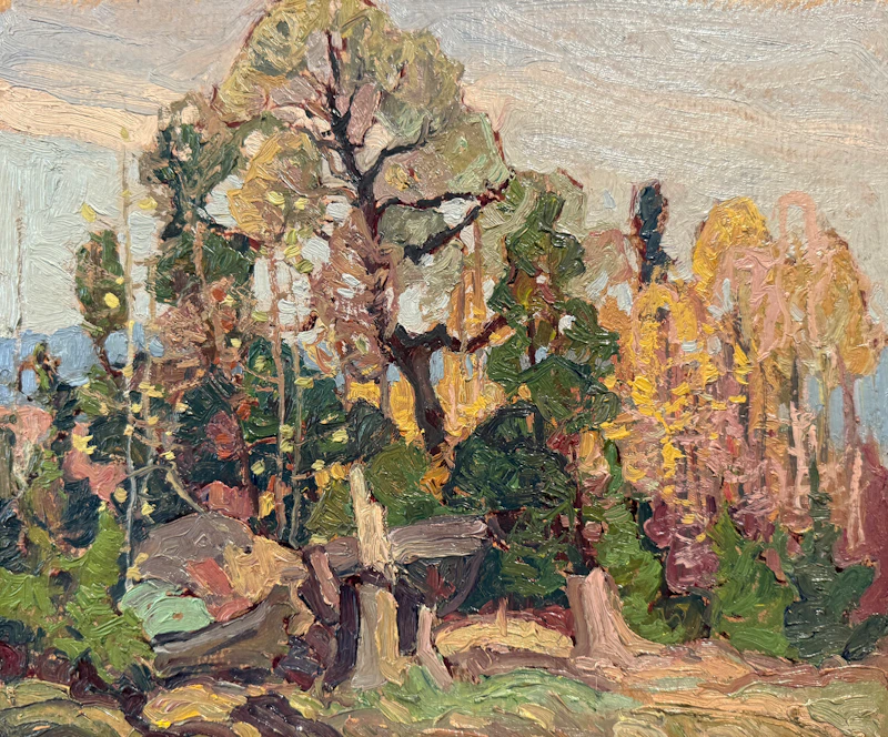 Franklin Carmichael, Study of Trees: Autumn, oil on pressed paperboard panel