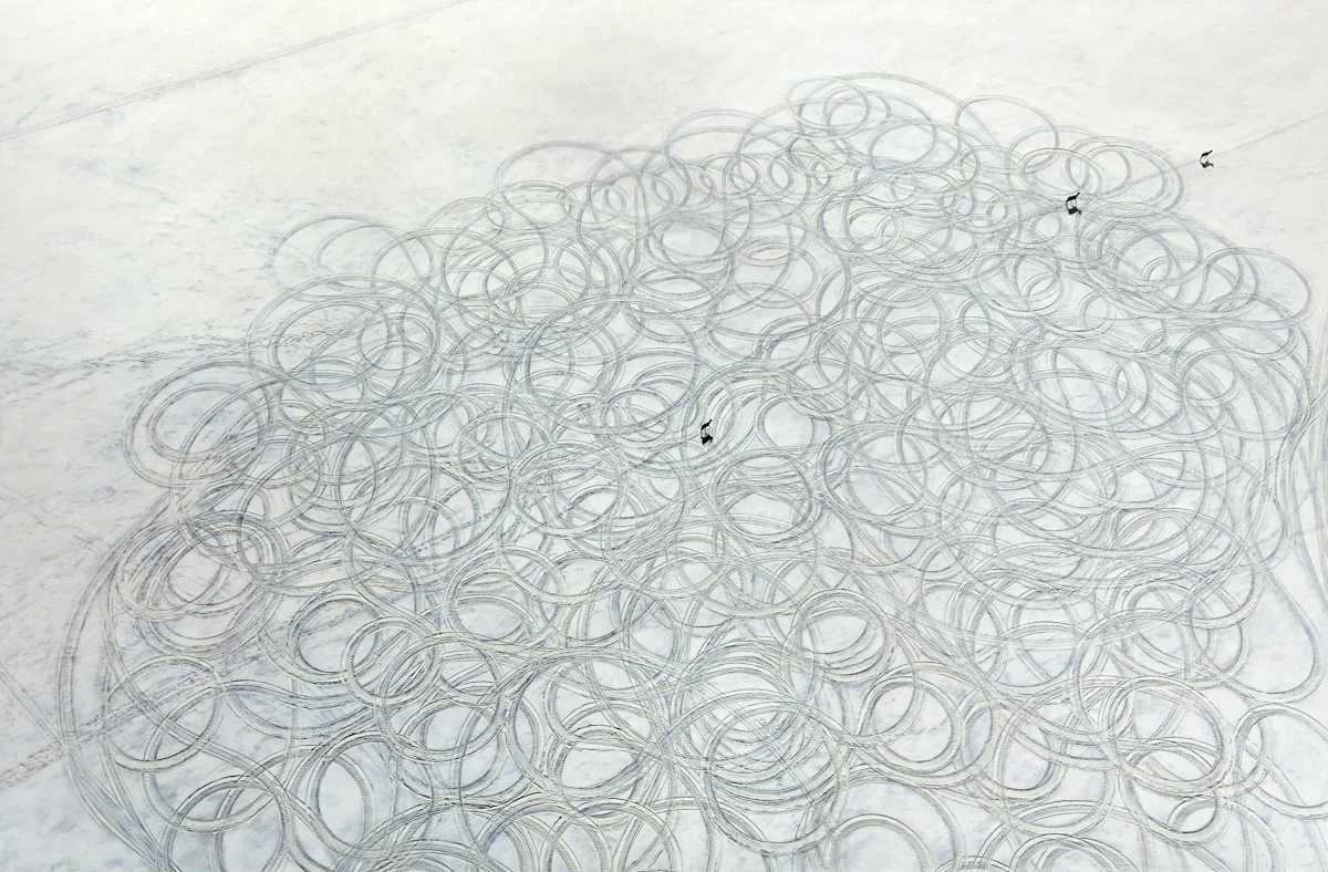 Laura Millard, Crossing 1, digital print on Hahnemuehle paper with graphite, gouache and chalk, 2017