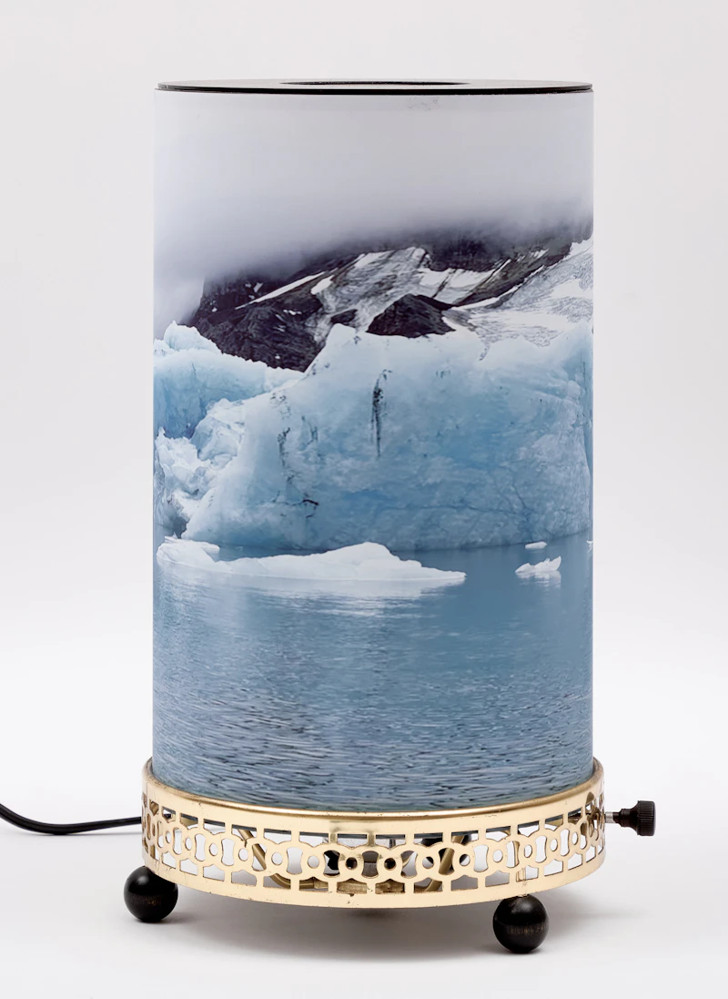 Laura Millard, Motion Lamp 3, Svalbard, refurbished vintage motion lamp, photograph and collage on backlit film, 2024 - view 1