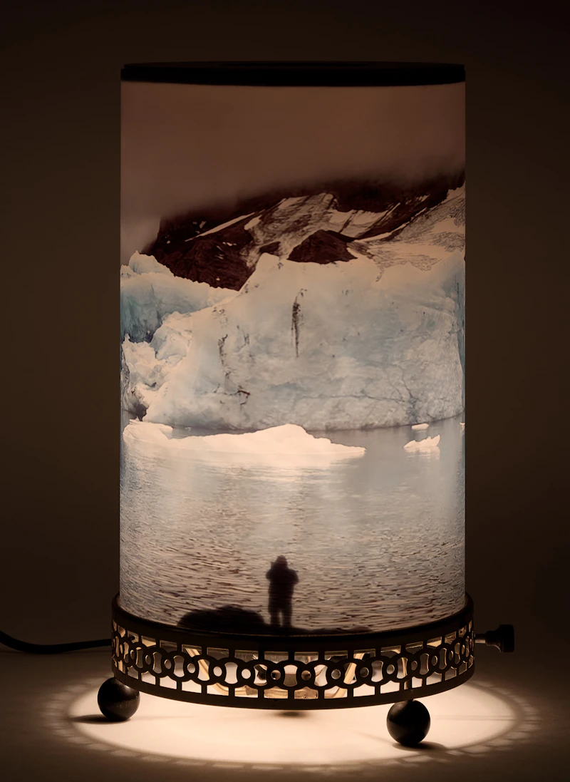 Laura Millard, Motion Lamp 3, Svalbard, refurbished vintage motion lamp, photograph and collage on backlit film, 2024 - view 2