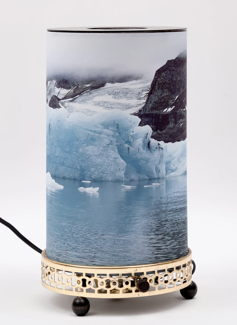 Laura Millard, Motion Lamp 3, Svalbard, refurbished vintage motion lamp, photograph and collage on backlit film, 2024 - view 3