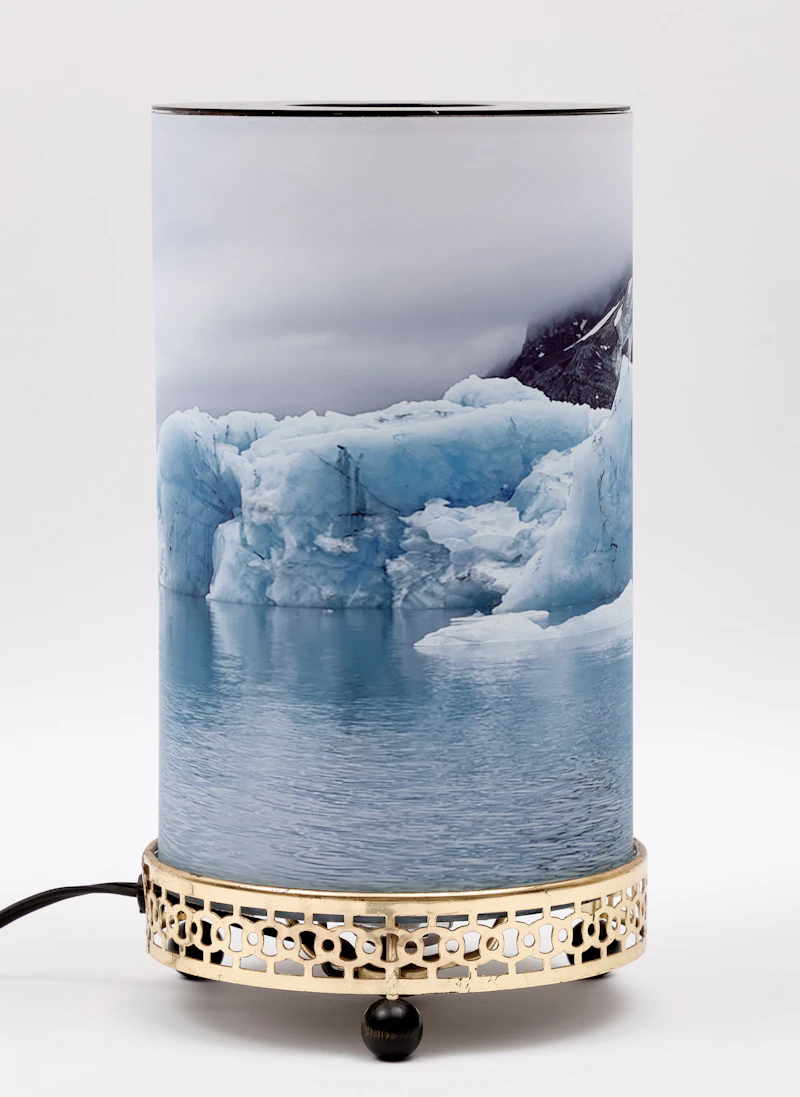 Laura Millard, Motion Lamp 3, Svalbard, refurbished vintage motion lamp, photograph and collage on backlit film, 2024 - view 4