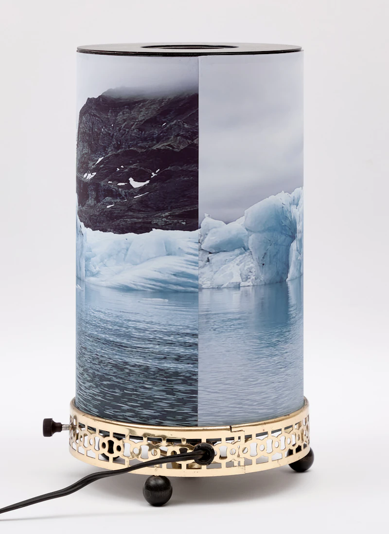 Laura Millard, Motion Lamp 3, Svalbard, refurbished vintage motion lamp, photograph and collage on backlit film, 2024 - view 5