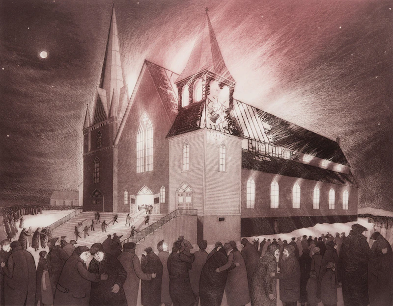 David Lloyd Blackwood, Wesleyville: Burning of the Methodist Church, 1976, etching and aquatint