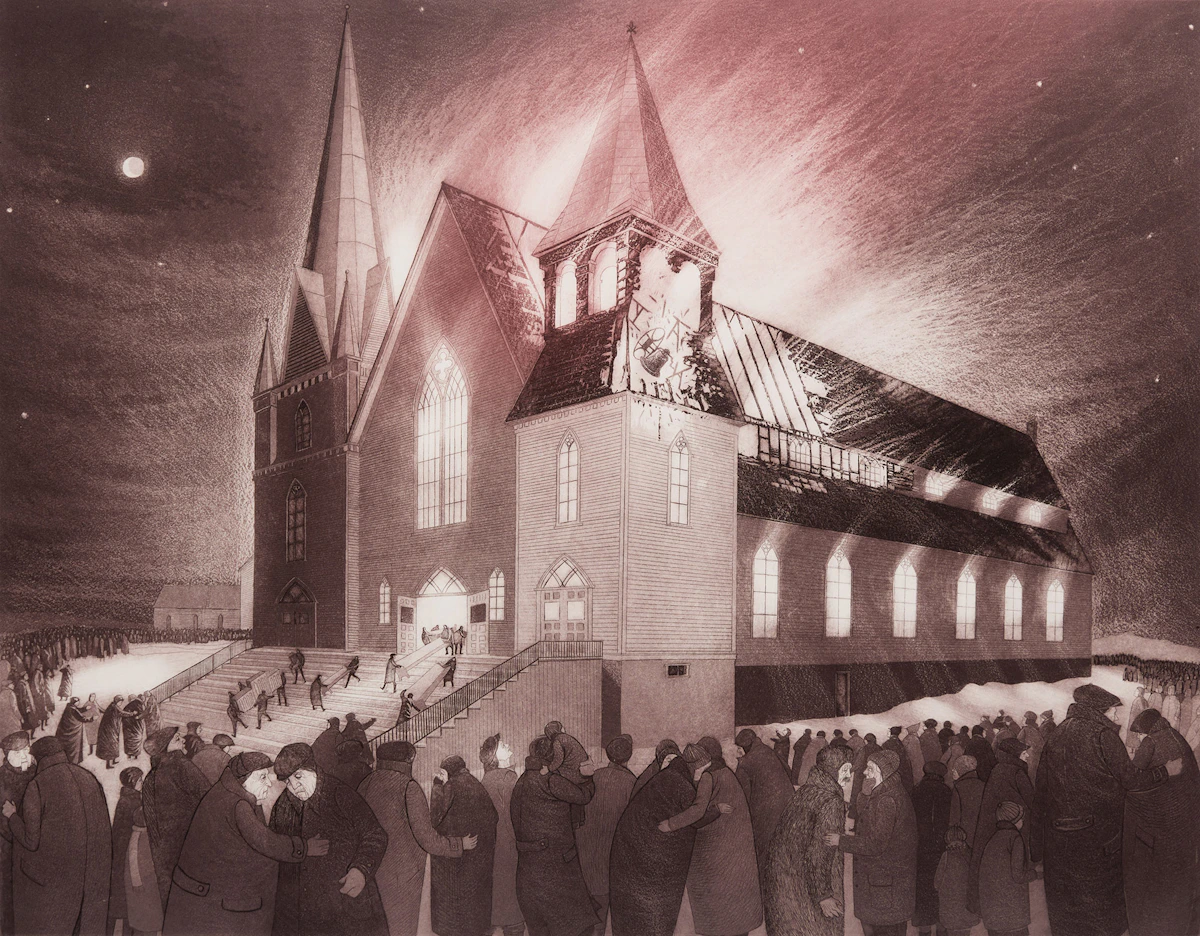 David Lloyd Blackwood, Wesleyville: Burning of the Methodist Church, 1976, etching and aquatint