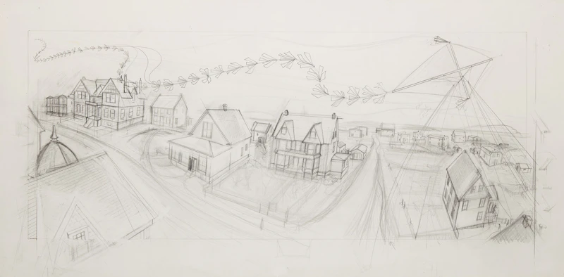 David Lloyd Blackwood, Wesleyville, Cyril's Kite over Blackwood's Hill, 1996, graphite