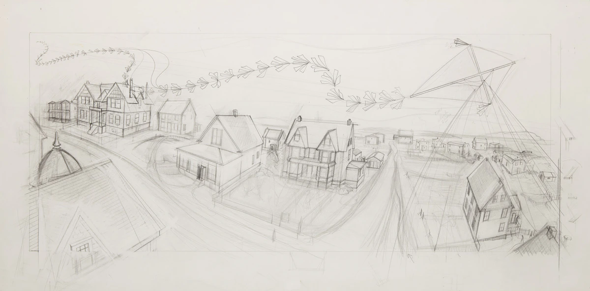 David Lloyd Blackwood, Wesleyville, Cyril's Kite over Blackwood's Hill, 1996, graphite