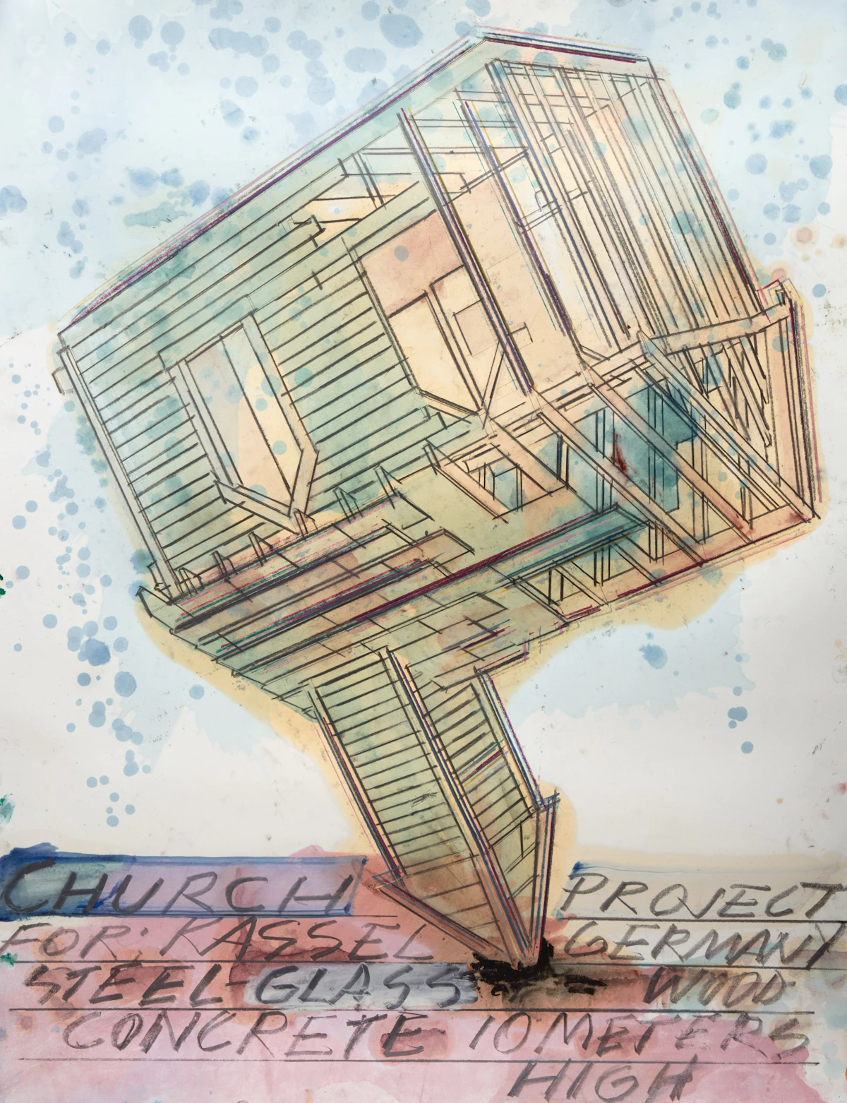 Dennis Oppenheim, CHURCH PROJECT FOR: KASSEL GERMANY, STEEL-GLASS-WOOD-CONCRETE - 10 METERS HIGH, mixed media on paper