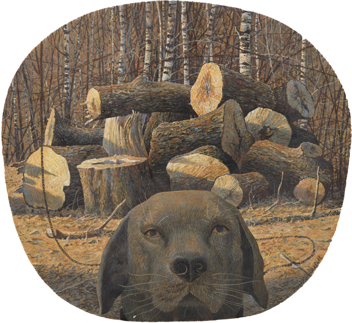 Thomas de Vany Forrestall, Woodpile and Chained Dog, egg tempera on board, 1987-88