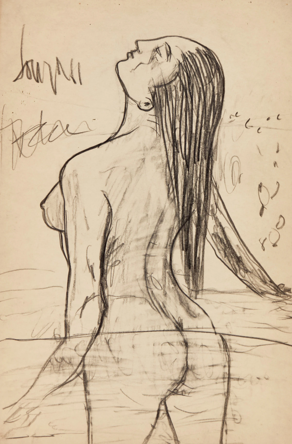 Francis Newton Souza, Nude with Head Back in the Ocean, graphite