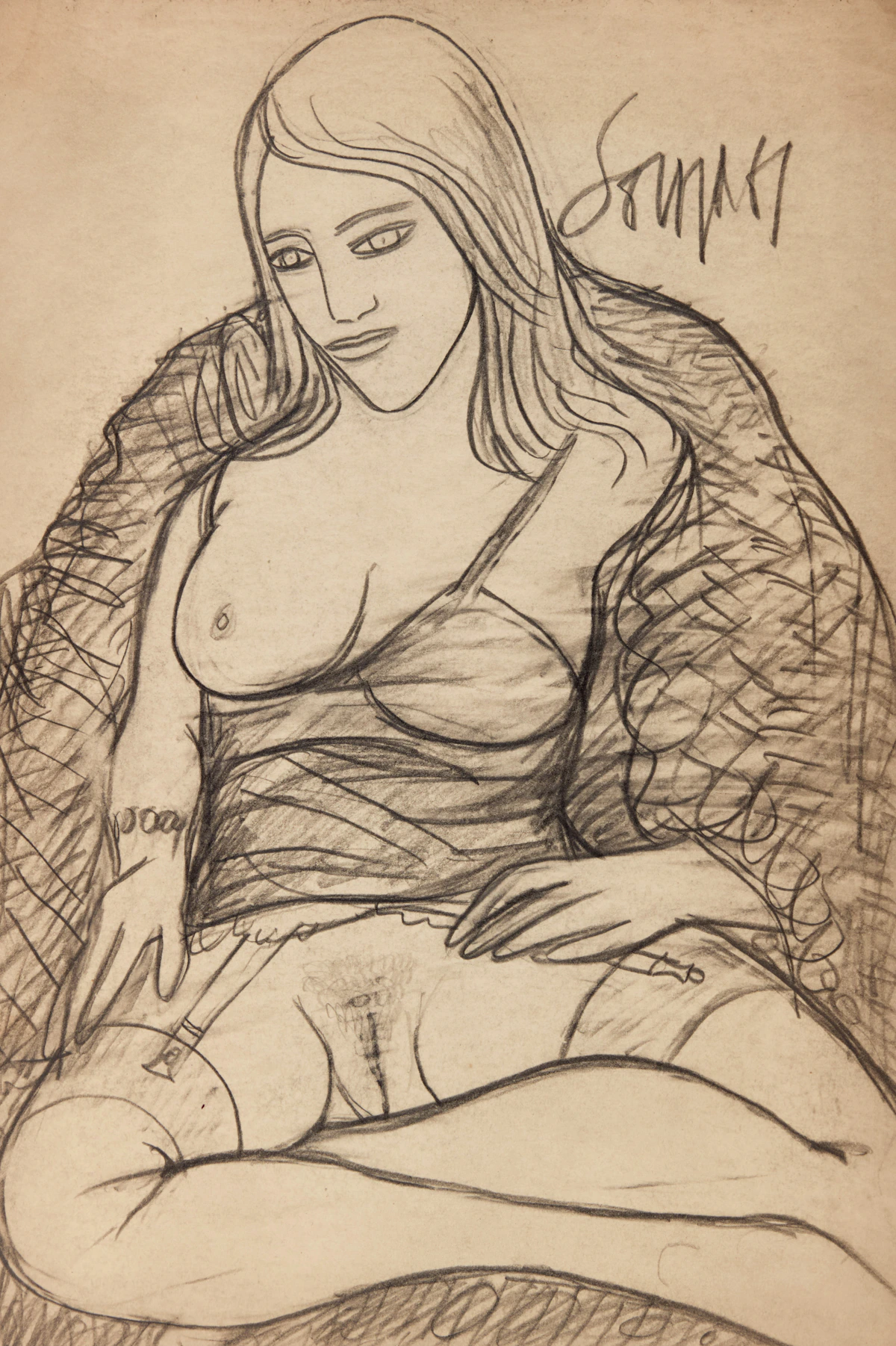 Francis Newton Souza, Nude Seated in Stockings, graphite