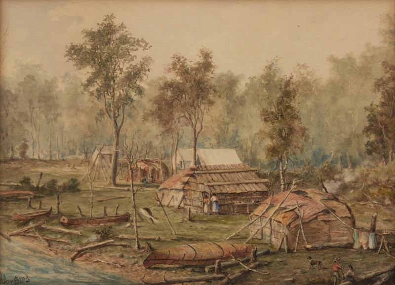 William Armstrong, Lumber Camp near Rat Portage, Kenora, 1901, watercolour on paper laid down on card