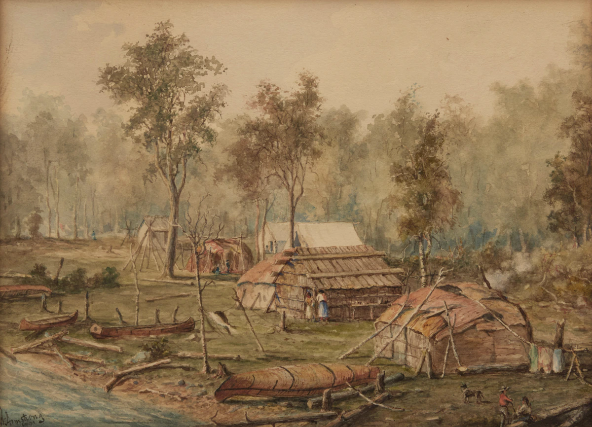 William Armstrong, Lumber Camp near Rat Portage, Kenora, 1901, watercolour on paper laid down on card