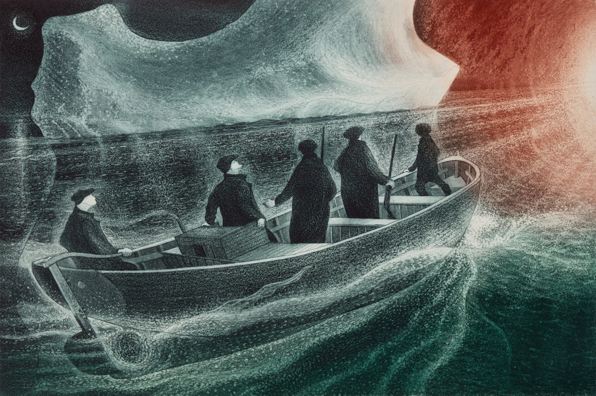 David Lloyd Blackwood, Seabird Hunters from Pound Cove, colour etching and aquatint, 2005