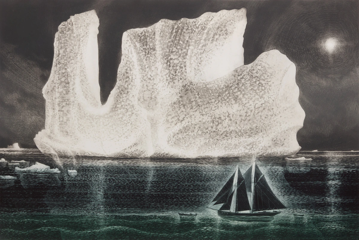 David Lloyd Blackwood, Down on the Labrador: Towing the Nickerson, colour etching and aquatint, 2004