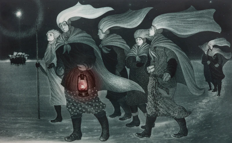 David Lloyd Blackwood, Pound Cove Mummers Crossing Coal Harbour Pond, colour etching and aquatint