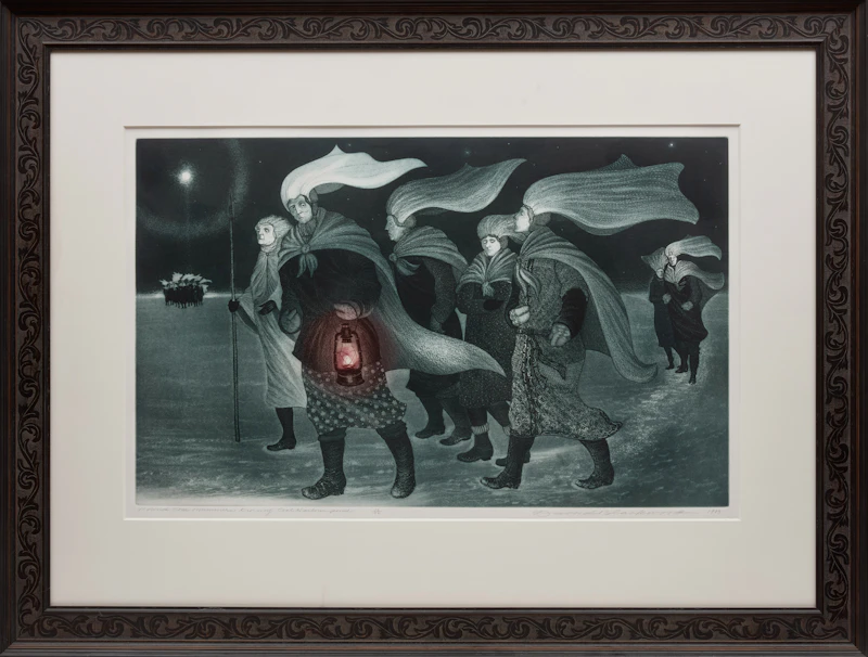 David Lloyd Blackwood, Pound Cove Mummers Crossing Coal Harbour Pond, colour etching and aquatint, 1985 - view 2