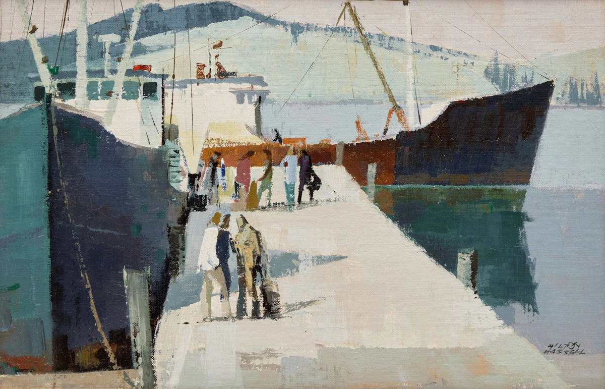 Hilton MacDonald Hassell, Dock Shapes, Lunenburg, N.S., acrylic on canvas board