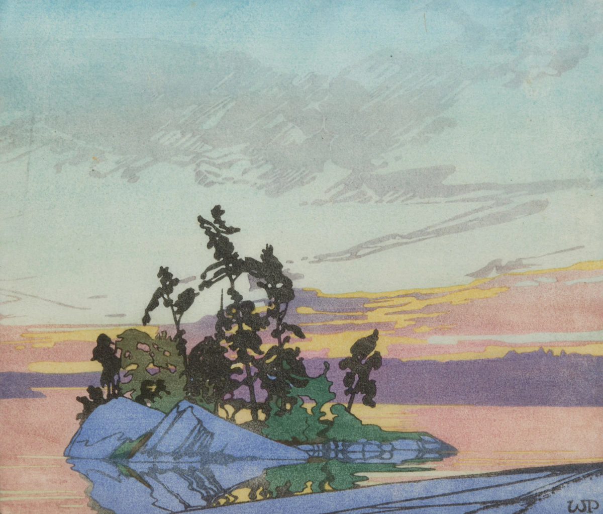 Walter Joseph Phillips, Sunset, Lake of the Woods, woodcut