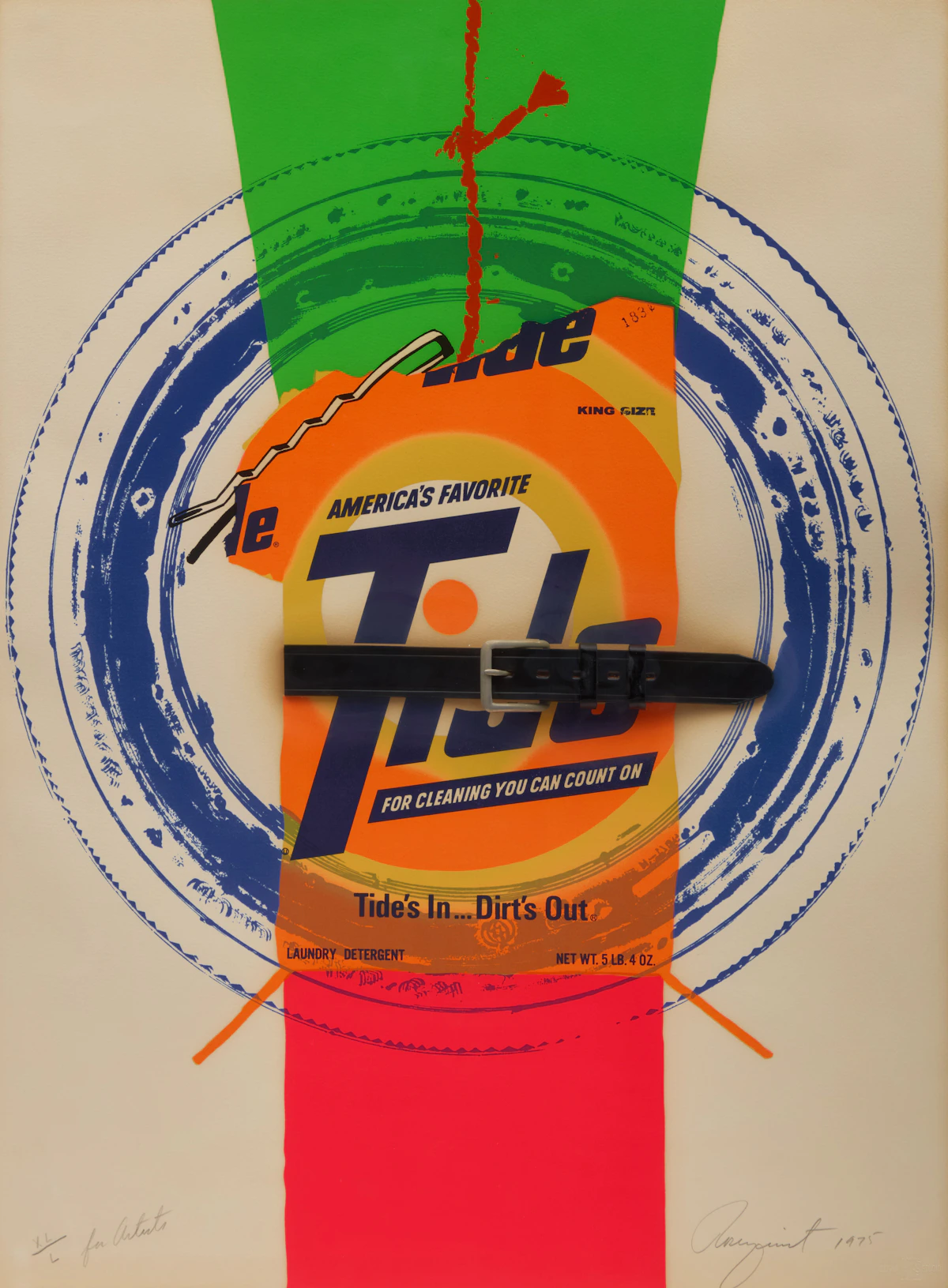 James Rosenquist, Artists Rights Today (Tide's In, Dirt's Out), mixed media with original belt buckle, 1975