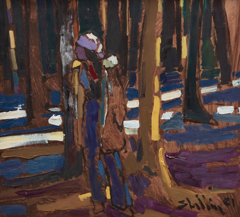 Arthur Shilling, Figure in the Woods, oil on board