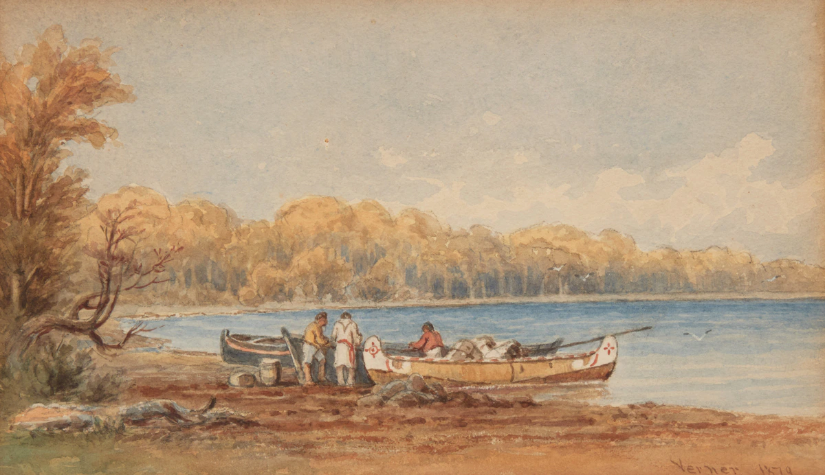 Frederick Arthur Verner, Canoeists at Shore, watercolour on paper, 1879