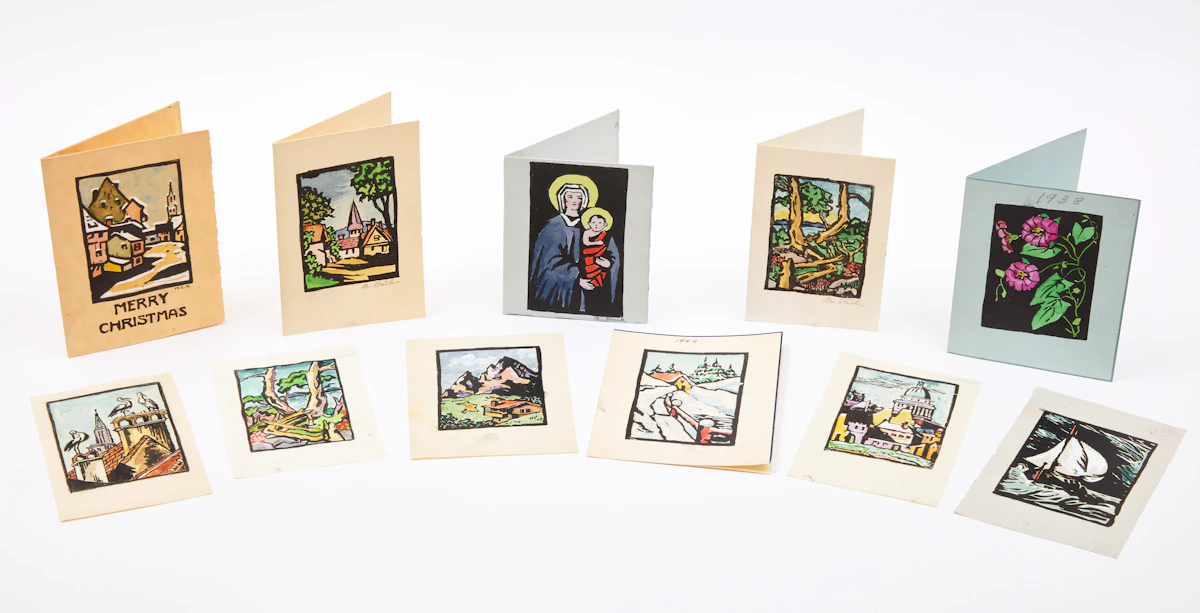 Muriel Stark, Assorted Cards, Prints & Originals, nine prints with hand colouring and two pencil, ink and watercolour drawing