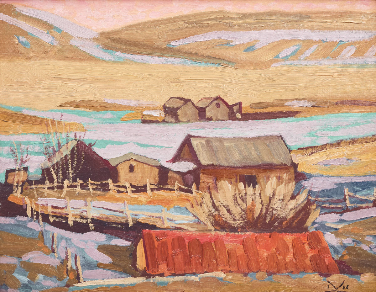 Illingworth Holey Kerr, Old Ranch West of Nanton, oil on canvas mounted on board, 1986