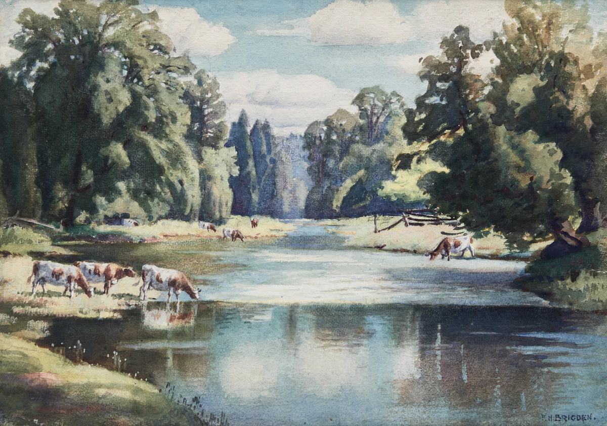 Frederick Henry Brigden, Cows Grazing at a River, watercolour on paper