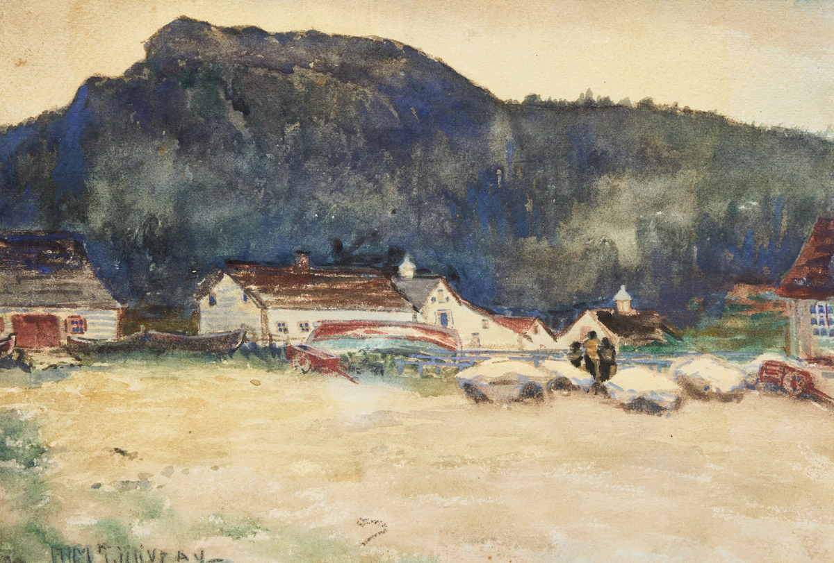 Florence Helena McGillivray, Fish Stack Factory for Packing Cod at Percé, Quebec; Summer Meadow and Stream, two watercolours