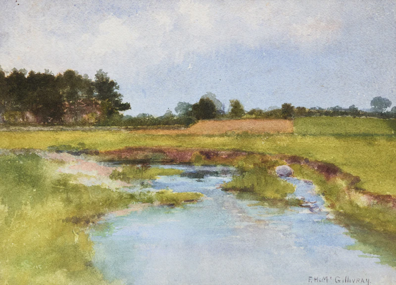 Florence Helena McGillivray, Fish Stack Factory for Packing Cod at Percé, Quebec; Summer Meadow and Stream, two watercolours - view 4