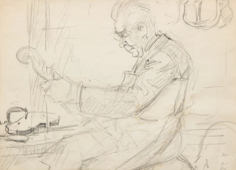 Arthur Lismer, Repairing a Violin, pencil drawing