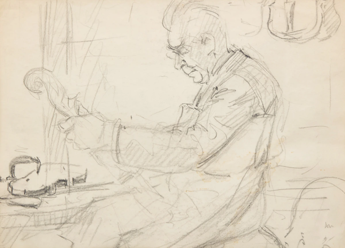 Arthur Lismer, Repairing a Violin, pencil drawing